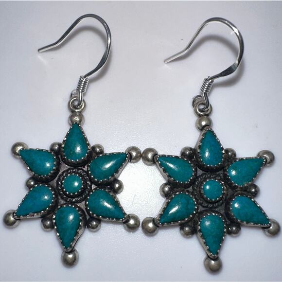 Zuni Native vintage 925 sterling silver genuine turquoise hook drop earrings - Picture 2 of 7